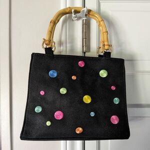 FINAL MARKDOWN... TIANNI Black Polka Dot Canvas Bag with Faux Bamboo Handles